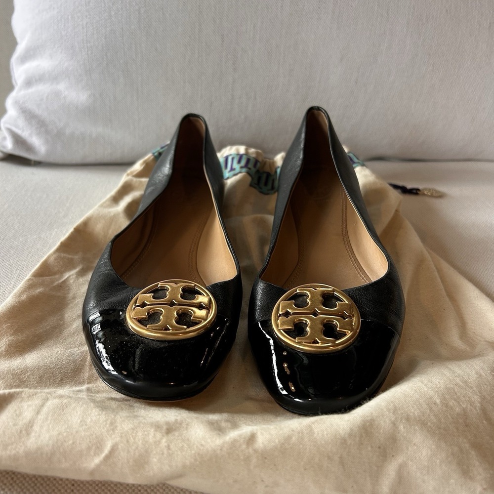 Tory Burch Minnie Cap Toe Flats Black/Gold Size 7 With Dust bag